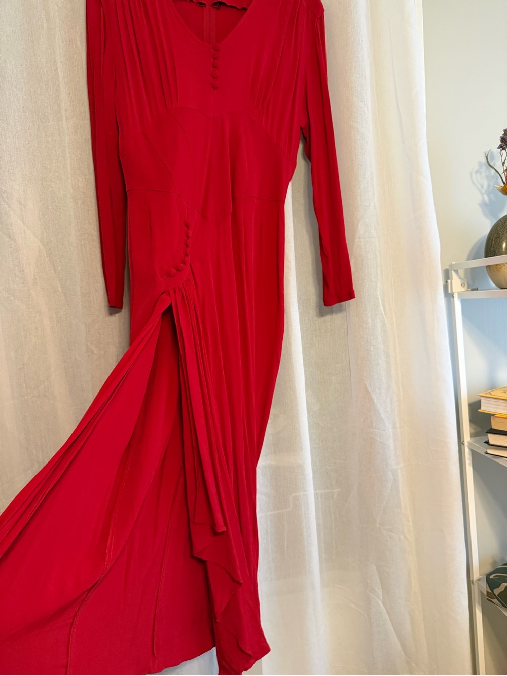 Red Long-Sleeve Gathered Waist Maxi Dress - Picture 2 of 4